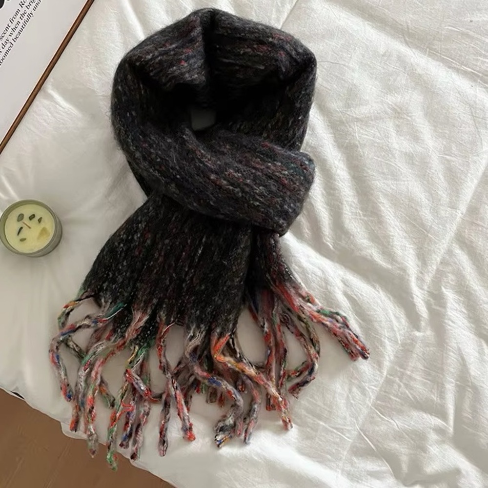 Elegant Women Vintage Chunky Knit Black Multicolored Fringe Scarf Very Warm Soft